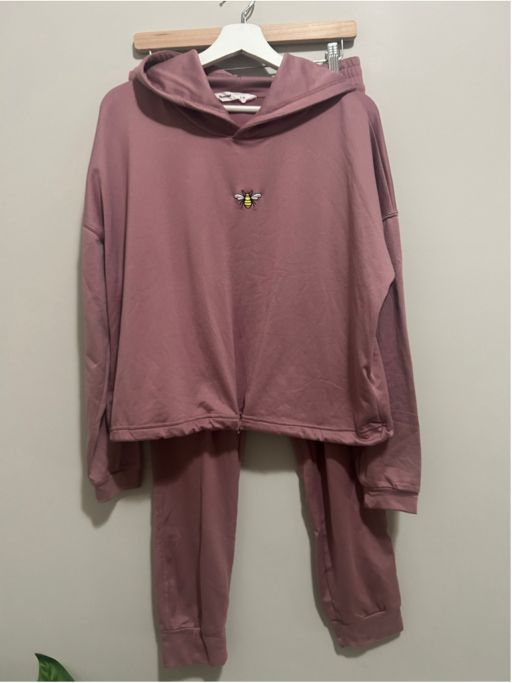 Women's Mauve Bee Embroidered Hoodie Sweatshirt Jogging Pants Set Size L